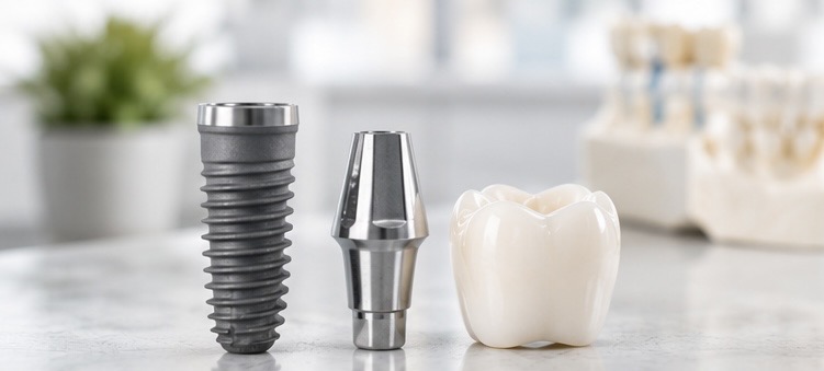 Fogászati implantátum implantátumból, felépítményből és koronából álló fogpótlással
