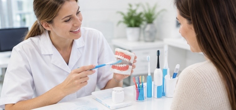 Implantátumra készített korona tisztítása fogköztisztító kefével